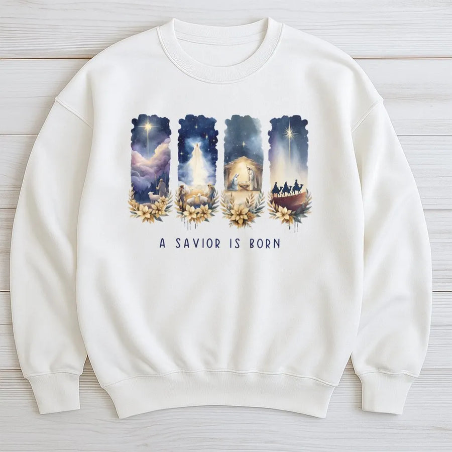 Nativity Scene Sweatshirt | A Savior Is Born Watercolor Art | Premium Soft Fleece Crewneck | Christian Christmas Gift for Women and Men