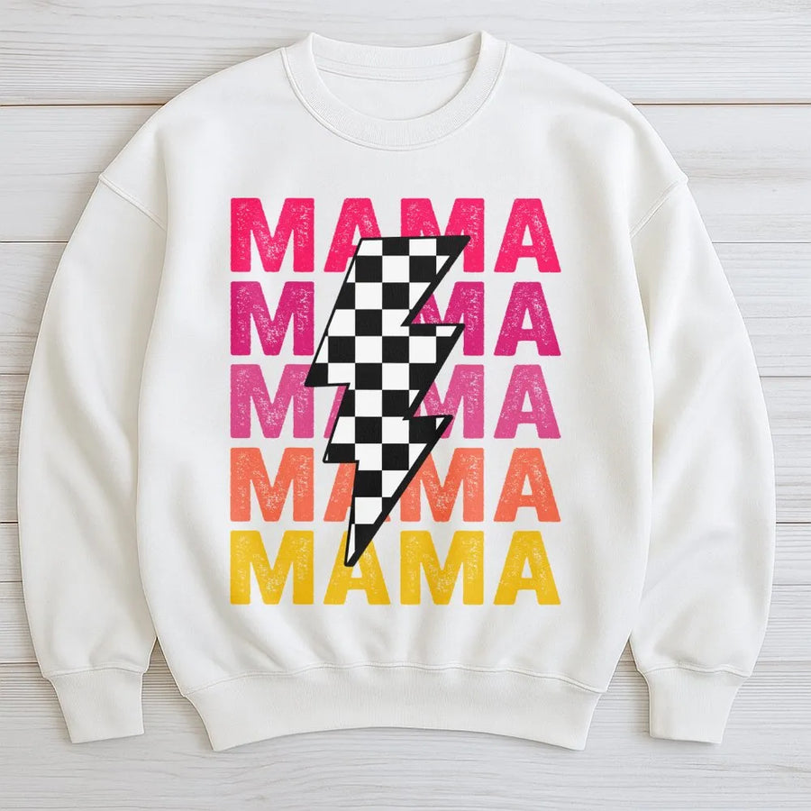 Mama Sweatshirt | Retro Checkered Lightning Bolt Graphic | Premium Cotton Blend | Trendy Mommy Gift for Mother's Day 2026