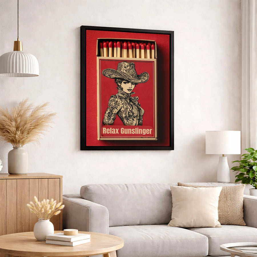 Cowgirl Wall Art Canvas | Vintage Western Matchbox Poster Print | 1.25 Inch Premium Gallery Wrap | Unique Southwestern Home Decor Gift