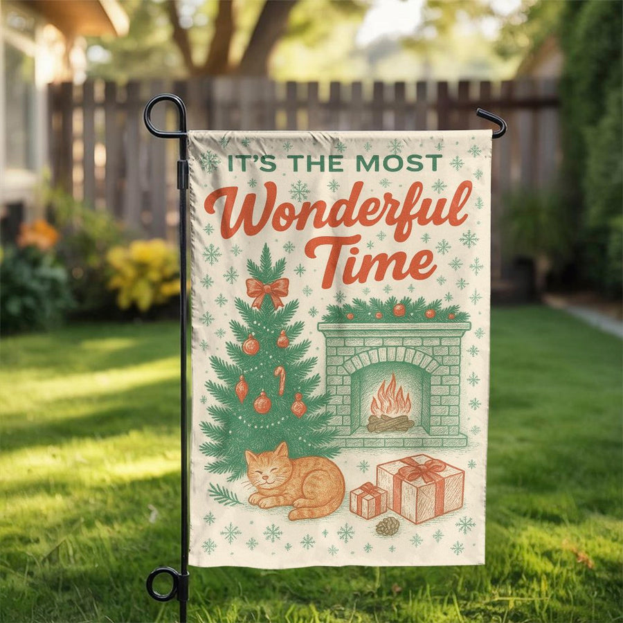 Christmas Garden Flag | Cat By Fireplace Holiday Decor | Premium Double-Sided Polyester | Festive Outdoor Yard Decoration Gift