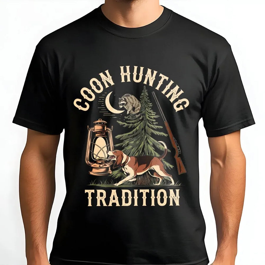 Coon Hunting T-Shirt | Vintage Hound Dog and Lantern Graphic | Premium Cotton Outdoor Apparel | Southern Country Lifestyle Gift for Hunter