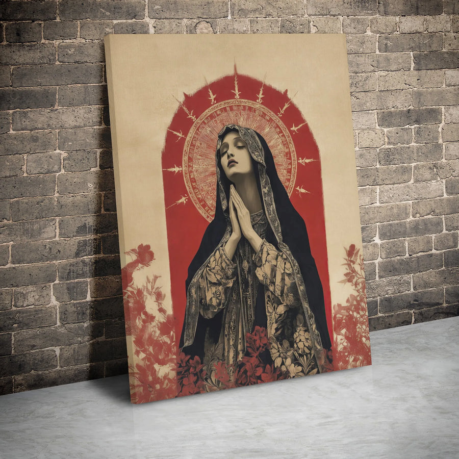 Virgin Mary Canvas Wall Art | Praying Madonna With Red Halo Aesthetic | Premium Gallery-Wrapped Print | Religious Home Decor Gift