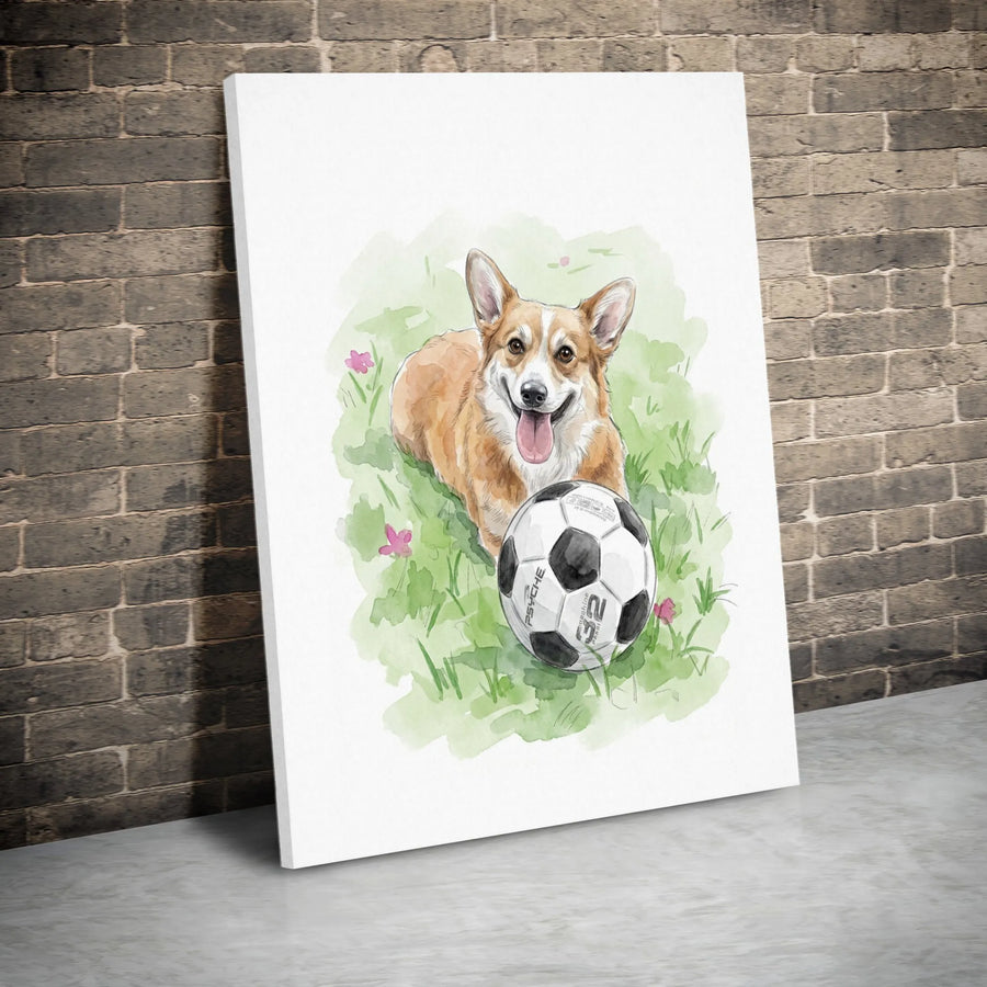 Corgi Soccer Ball Canvas Art | Watercolor Puppy Dog Sports Print | Premium Gallery Wrapped Wall Decor | Cute Pet Lover Gift Idea