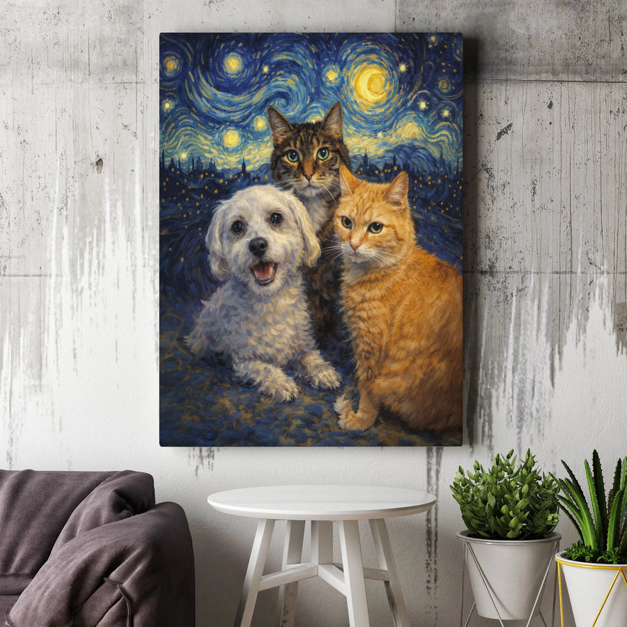 Starry Night Pet Portrait Canvas | Cat and Dog Van Gogh Style Painting | Premium Gallery Wrapped Art | Unique Gift for Pet Lovers