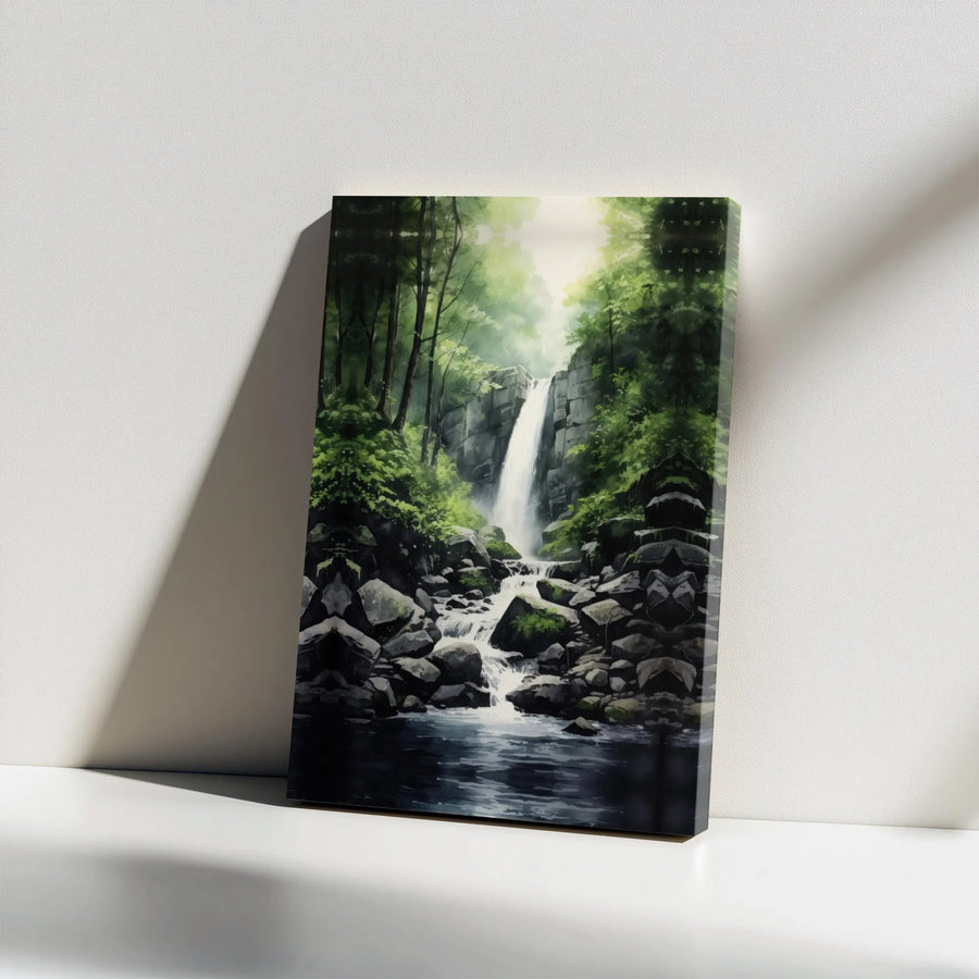 Waterfall Forest Canvas Wall Art | Serene Japanese Watercolor Painting | Premium Gallery Wrapped Canvas | Nature Lover Gift for Living Room