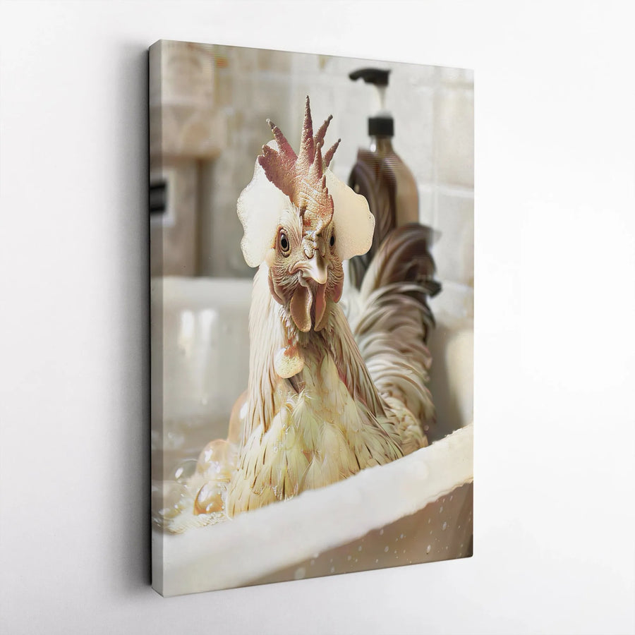 Funny Rooster Bubble Bath Canvas Wall Art | Quirky Farmhouse Bathroom Decor | Premium Fade-Resistant Print | Unique Gift for Chicken Lovers