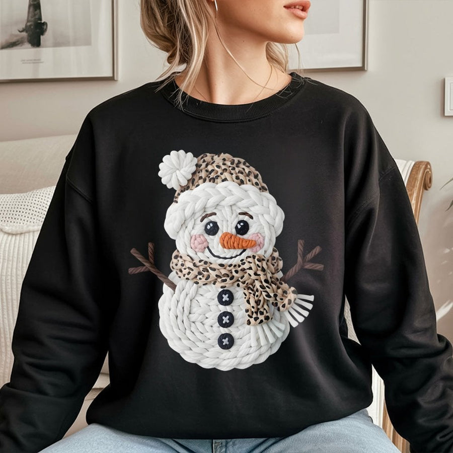 Leopard Print Snowman Sweatshirt | Faux Knit Winter Graphic | Premium Cotton Blend | Cute Christmas Holiday Gift For Her