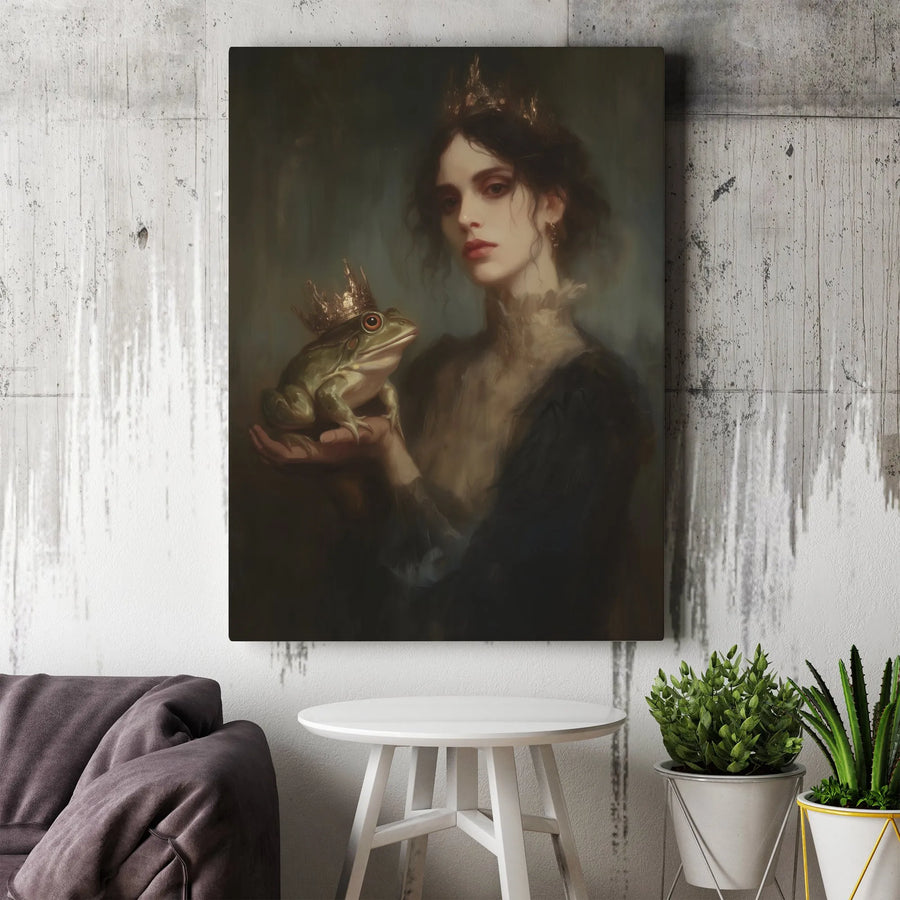 Gothic Queen with Crowned Frog Canvas | Moody Renaissance Fantasy Wall Art | Premium Gallery-Wrap Profile | Dark Academia Home Decor Gift