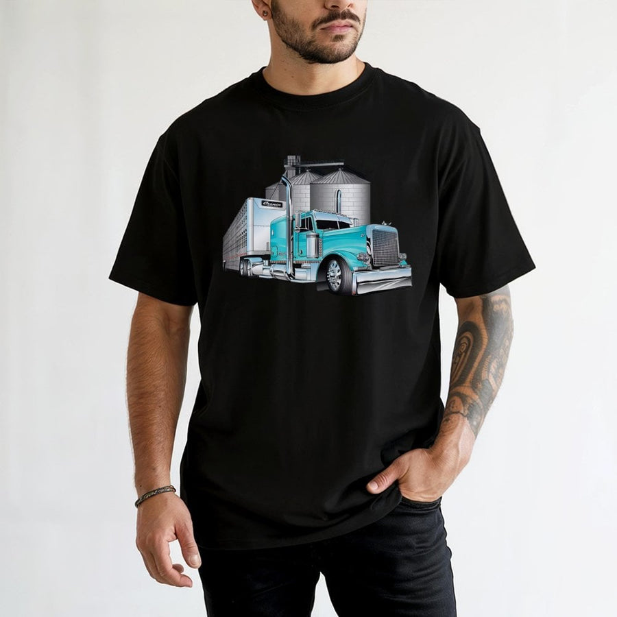 Semi Truck T-Shirt | Classic Blue Livestock Trailer Graphic | Premium 100% Cotton Tee | Gift for Truck Drivers and Farmers