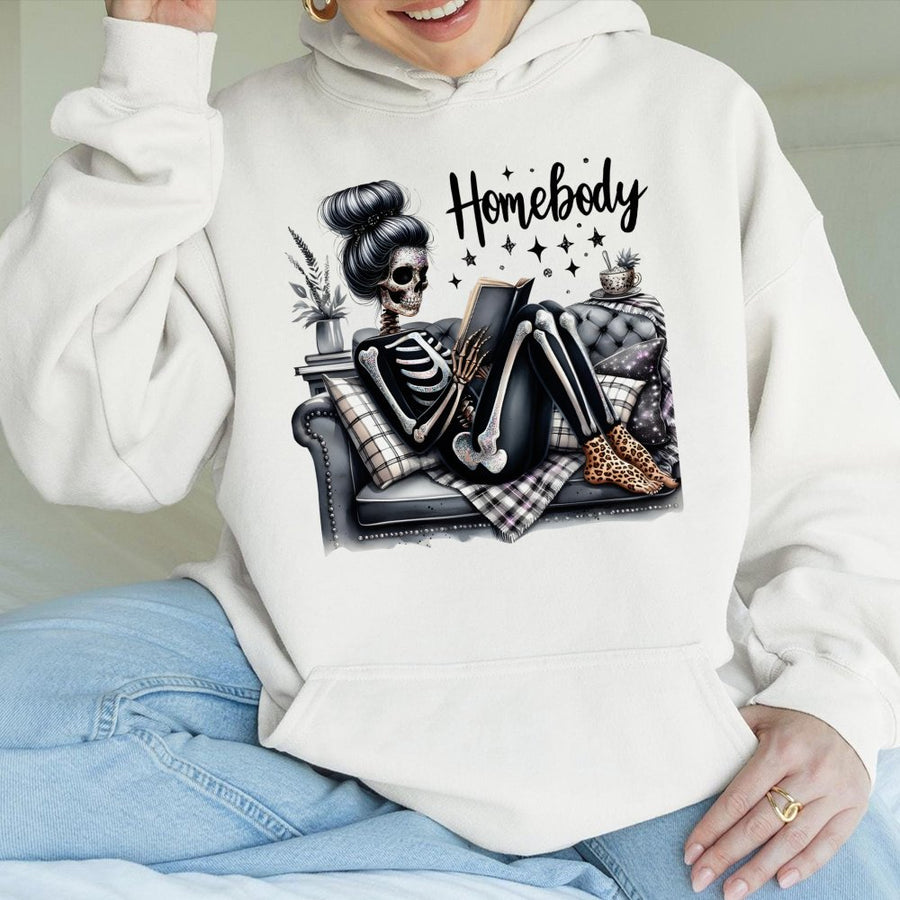 Homebody Skeleton Hoodie | Reading Book Skeleton Graphic | Premium Cotton Blend Sweatshirt | Cozy Gift for Book Lovers and Introverts