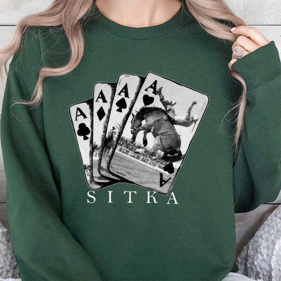 Rodeo Cowboy Sweatshirt | Western Playing Cards Graphic Design | Premium Cotton Blend | Gift for Rodeo Fans and Western Style Enthusiasts