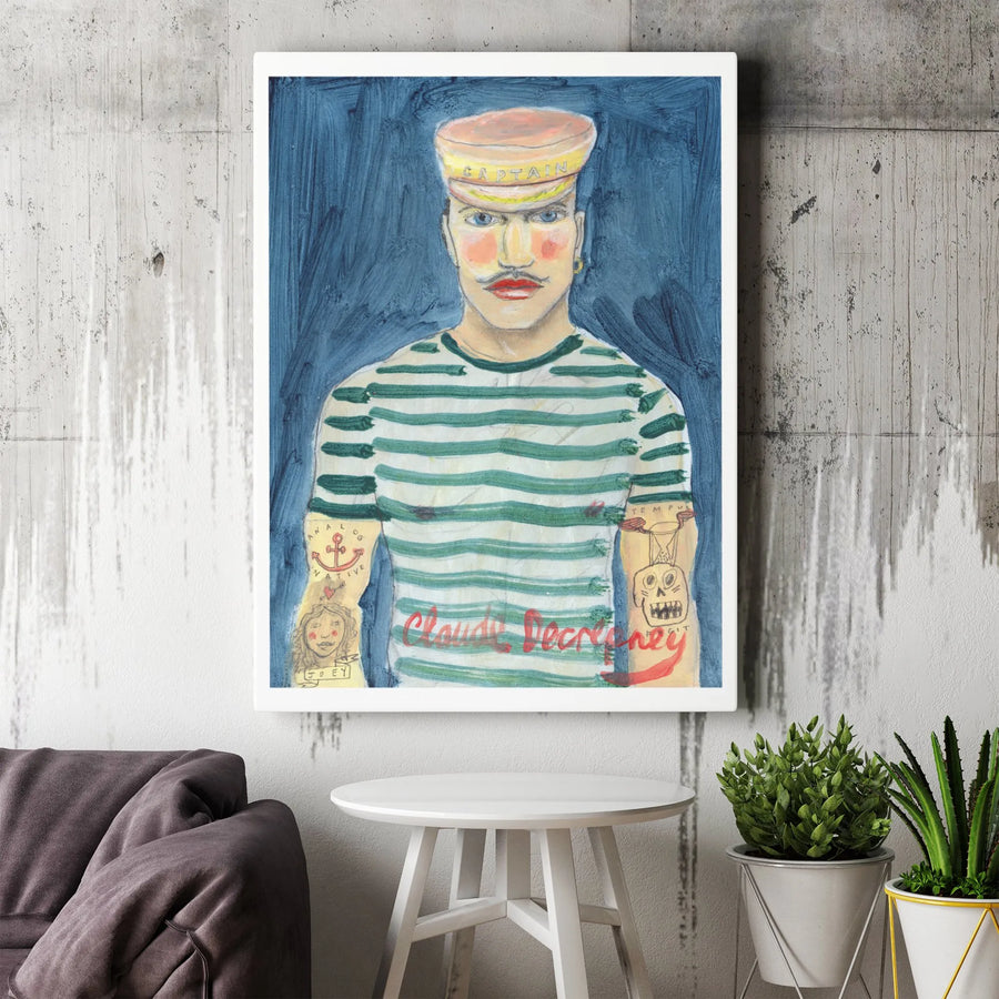 Sailor Captain Portrait Canvas | Eccentric Tattooed Man Wall Art | 1.25 Inch Gallery Wrap | Unique Nautical Home Decor Gift