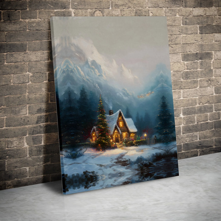 Winter Cabin Canvas Print | Snowy Mountain Forest Landscape | Premium Gallery Wrap Wall Art | Cozy Christmas Home Decor Gift
