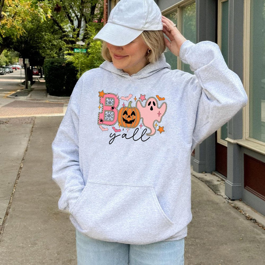 Boo Y'all Halloween Hoodie | Cute Pumpkin Ghost Graphic | Premium Cotton Blend | Spooky Fall Sweatshirt Gift for Women