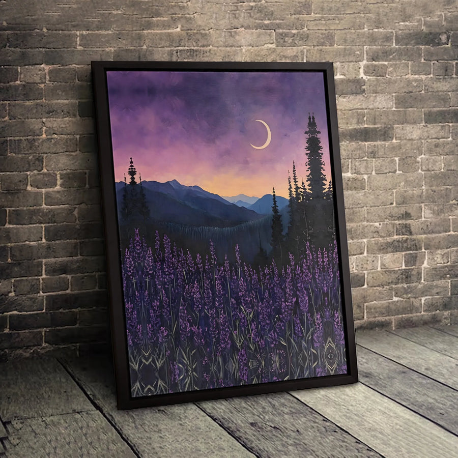 Lavender Field Canvas Art | Mountain Landscape with Crescent Moon | Premium Fade-Resistant Print | Wall Decor for Bedroom or Living Room