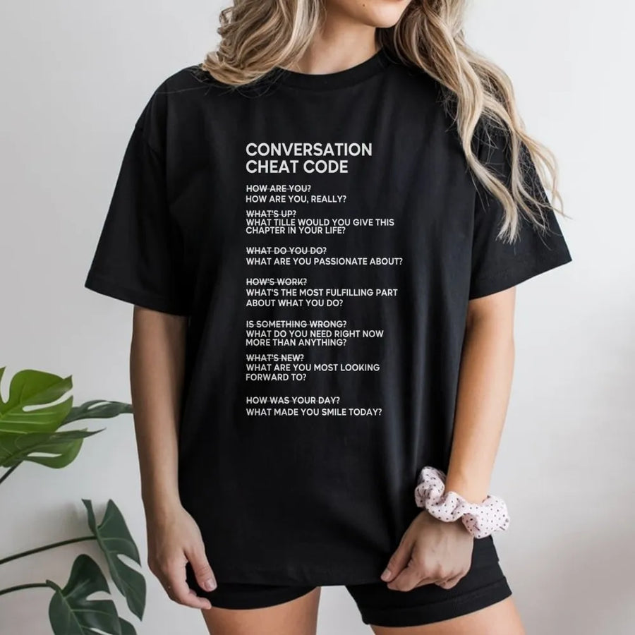 Conversation Cheat Code T-Shirt | Deep Questions Prompt Graphic Tee | 100% Cotton Premium Quality | Social Anxiety Gift for Introverts