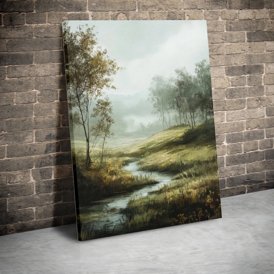Misty River Landscape Canvas Print | Moody Oil Painting Style Art with Foggy Forest Scene | Premium Thick Gallery Wrap | Living Room & Office Wall Decor Gift