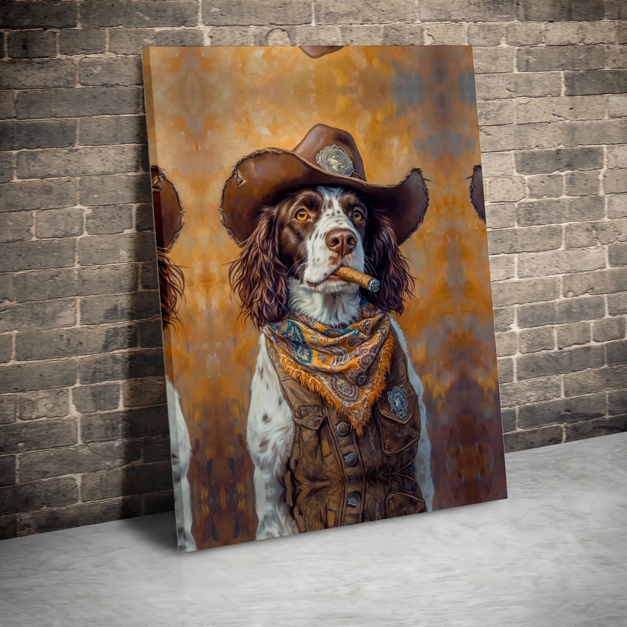 Cowboy English Springer Spaniel Wall Art | Western Dog Smoking Cigar Portrait | Premium Gallery Wrapped Canvas | Rustic Man Cave Decor Gift