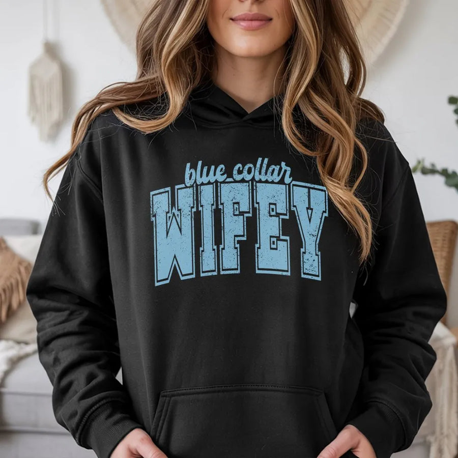 Blue Collar Wife Hoodie | Retro Varsity Graphic Tee | Premium Soft Cotton | Gift for Supportive Spouse & Country Girl Outfit