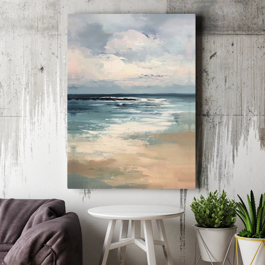 Abstract Ocean Shoreline Vertical Canvas | Impressionist Coastal Sea Wave Art | Fade-Resistant Gallery-Style Print | Peaceful Beach House Wall Decor