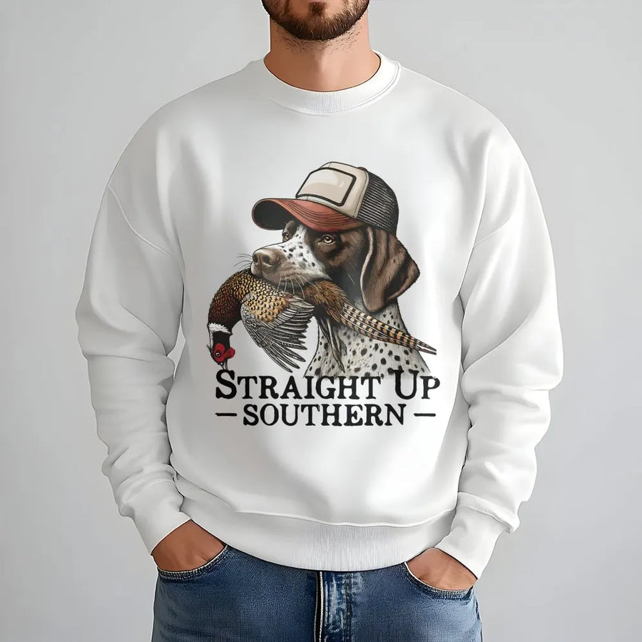 German Shorthaired Pointer Sweatshirt | Straight Up Southern Bird Dog Graphic | Cotton Blend Premium Crewneck | Hunting Gift for Dog Dad