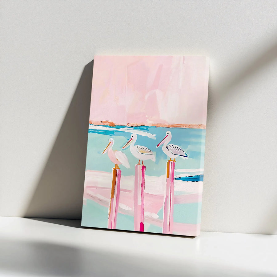 Coastal Pelican Canvas Wall Art | Abstract Trio Painting Print | Premium Thick Gallery Wrap Canvas | Modern Beach House Decor Gift