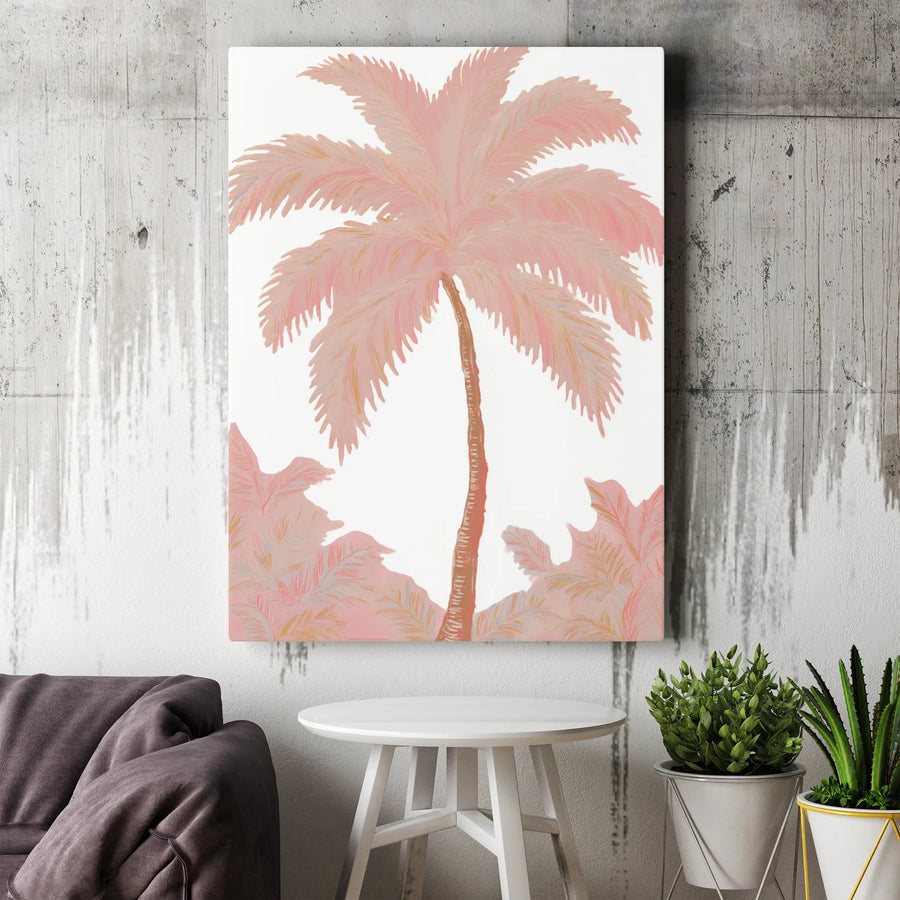 Pink Palm Tree Canvas Art | Tropical Botanical Leaf Print | Gallery Quality Premium Wall Decor | Modern Coastal Living Room Wall Art Gift