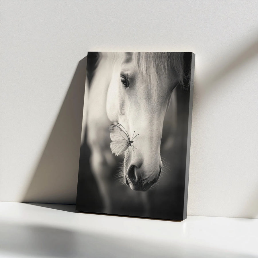 Horse and Butterfly Canvas Wall Art | Black and White Animal Photography | Premium Gallery Wrapped Canvas | Equestrian Home Decor Gift