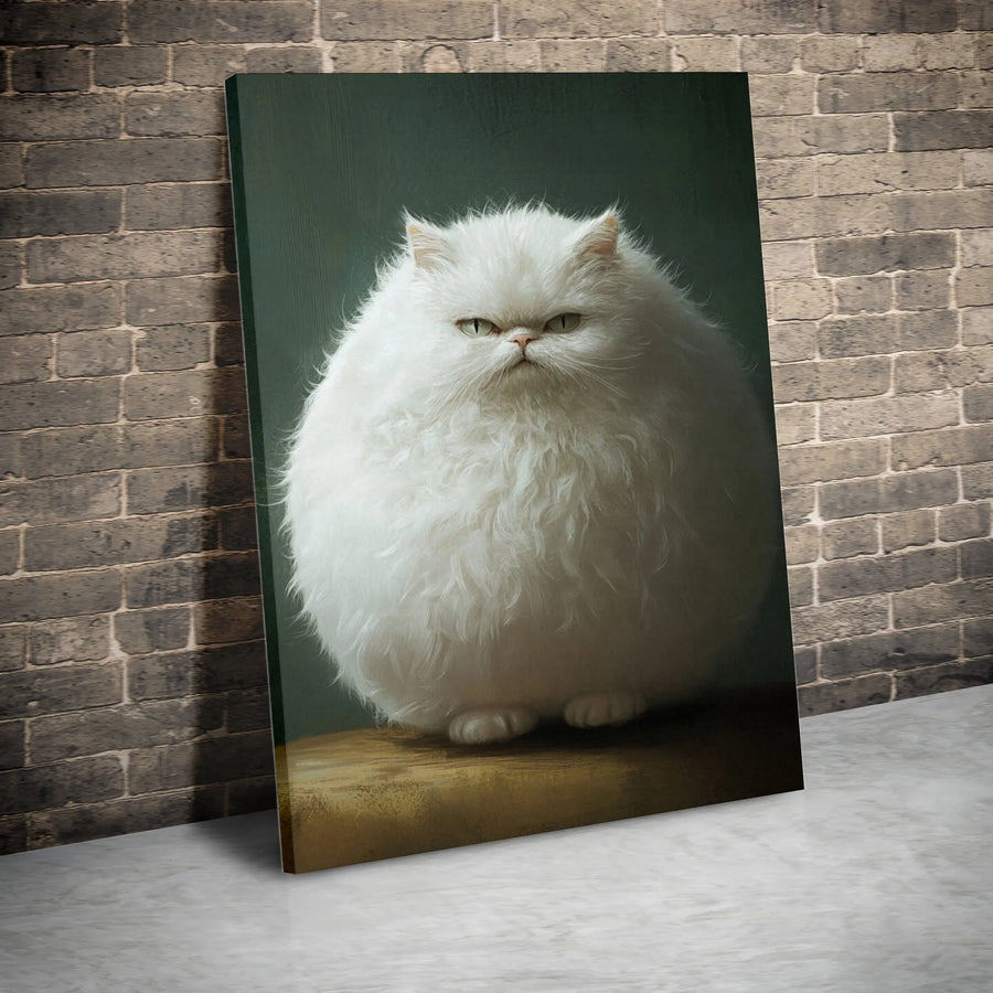 Grumpy Round White Cat Portrait Canvas | Funny Fluffy Persian Art | Premium Gallery-Wrapped Print | Whimsical Animal Home Decor Gift