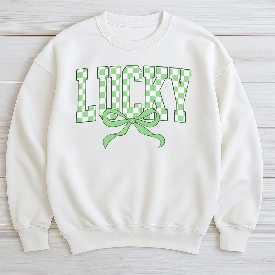 Lucky St. Patrick's Day Sweatshirt | Retro Checkerboard Green Bow Design | Soft Cotton Blend Unisex Pullover | Premium Irish Holiday Gift