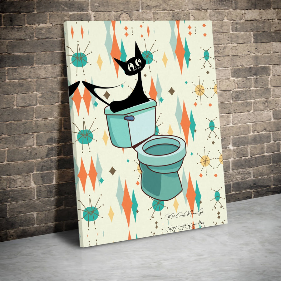 Mid Century Modern Cat Canvas Wall Art | Funny Black Cat in Toilet | Premium Gallery Wrapped Print | Unique Bathroom Decor Gift for Cat Lover