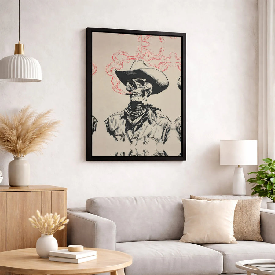 Smoking Cowboy Skeleton Canvas Wall Art | Western Gothic Illustration | Premium Fade-Resistant Print | Edgy Home Decor Gift