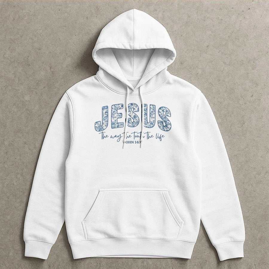 Jesus The Way The Truth The Life Hoodie | Blue Floral Bible Verse Scripture Design | Premium Cotton Blend | Christian Faith Gift for Women and Men