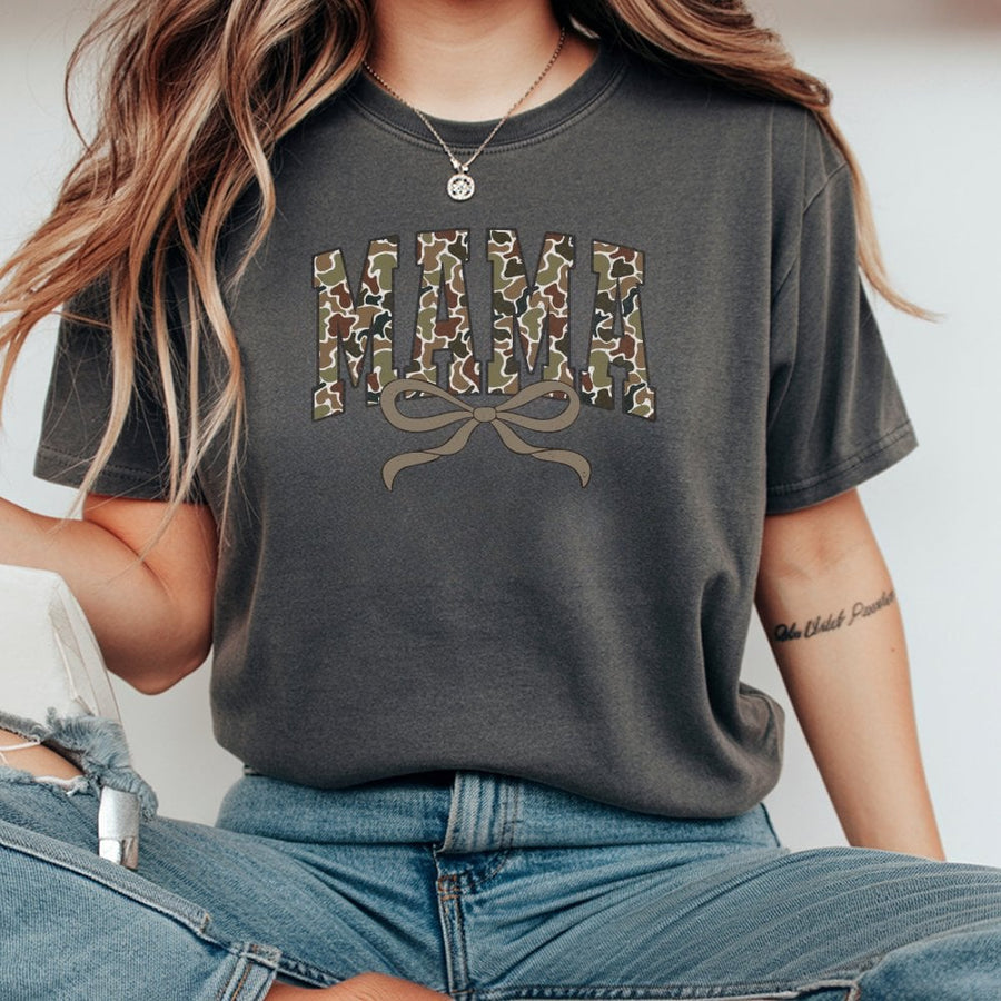 Mama Camo Print T-Shirt | Distressed Varsity Lettering with Bow | 100% Premium Cotton | Cute Mother's Day 2026 Gift for Hunting Moms