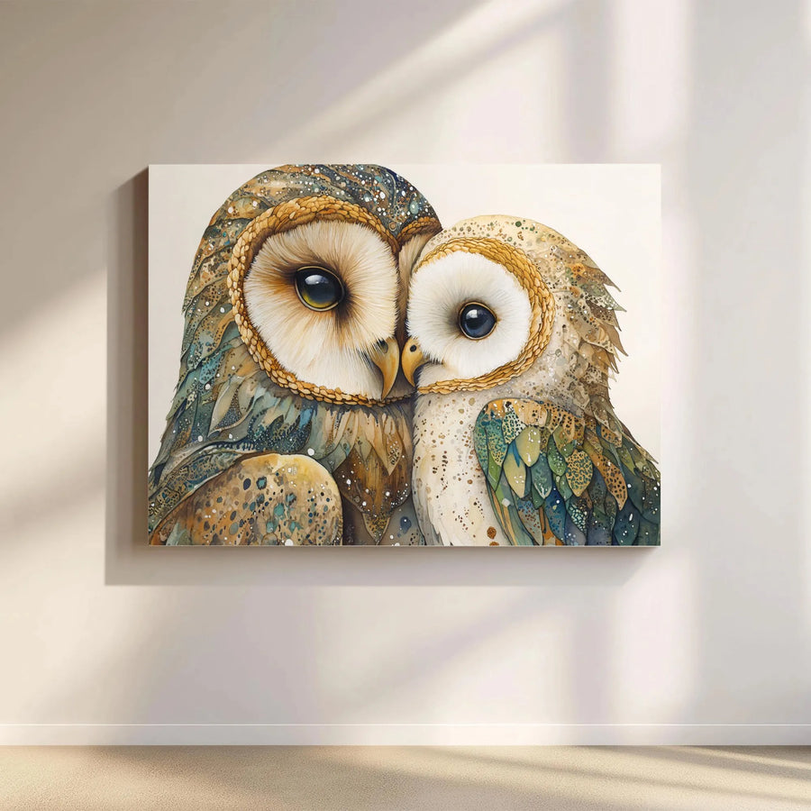 Barn Owl Couple Canvas Wall Art | Whimsical Watercolor Bird Portrait | Premium 1.25 inch Gallery Wrap | Romantic Wildlife Home Decor Gift