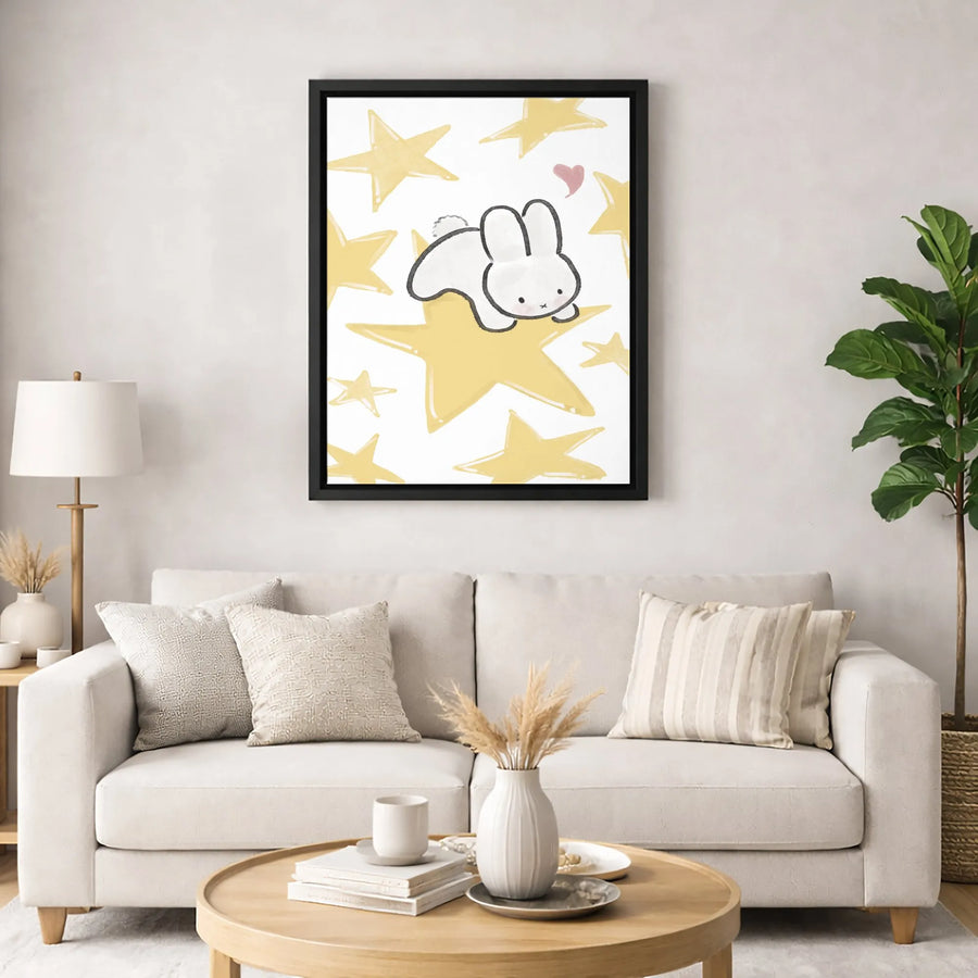 Cute Bunny Canvas Art | Whimsical Rabbit on Yellow Star Wall Decor | Premium Fade-Resistant Gallery Wrap | Nursery & Kids Room Gift Idea