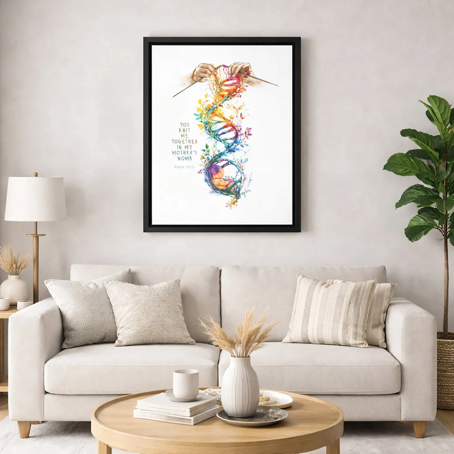 Psalm 139:13 Canvas Wall Art | Watercolor DNA Knitting Baby Illustration | Premium Gallery Wrapped Decor | Christian Nursery Gift for Mom