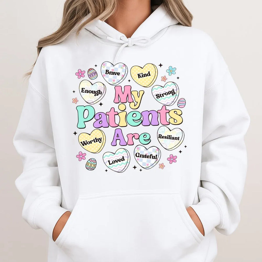 My Patients Are Resilient Candy Hearts Hoodie | Easter Nursing Graphic Sweatshirt | Cotton-Blend Comfort | Gift for Nurses, CNA, and Healthcare Workers