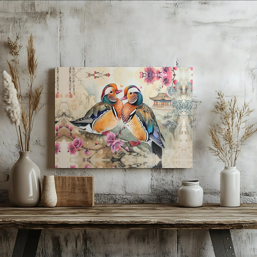 Mandarin Ducks Canvas Wall Art | Asian Cherry Blossom Painting | Premium Gallery Wrapped Decor | Traditional Feng Shui Home Gift