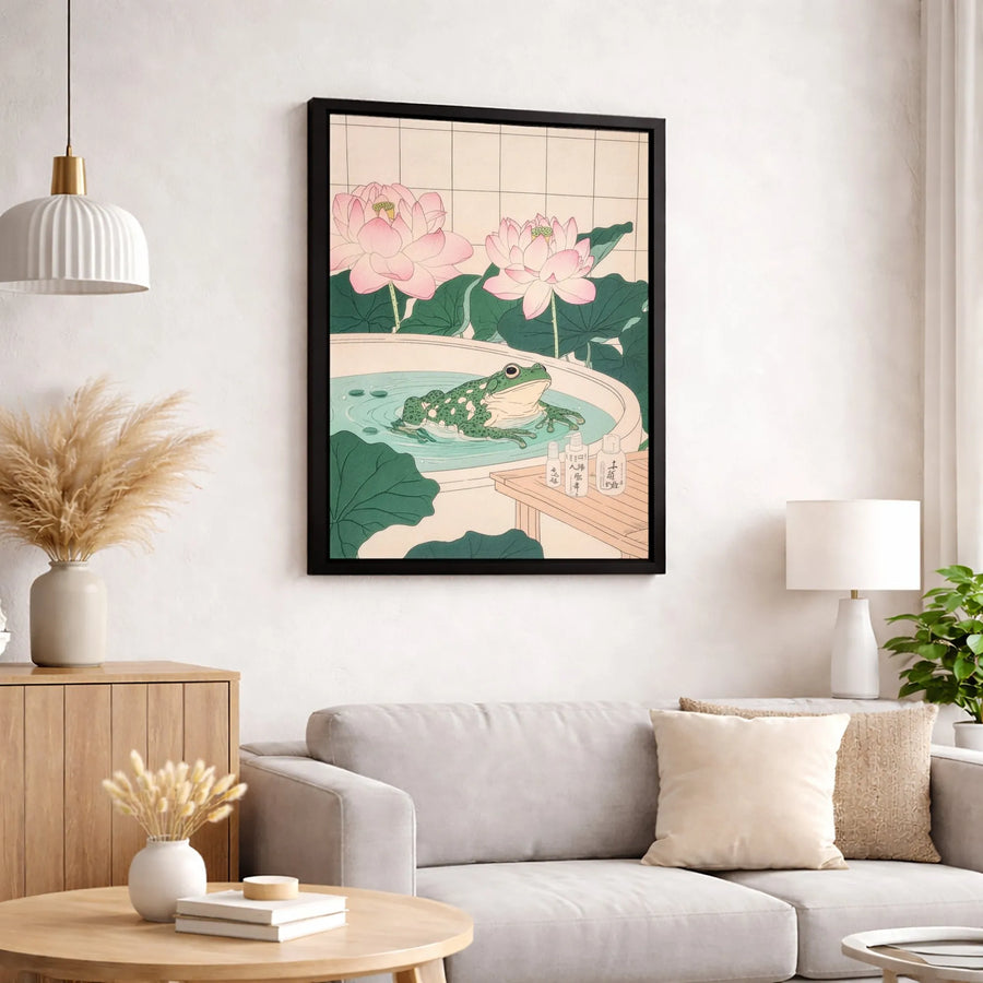 Japanese Frog Wall Art | Ukiyo-e Style Bathing Frog with Lotus Flowers | Premium Gallery Wrap Canvas | Unique Home Decor Gift