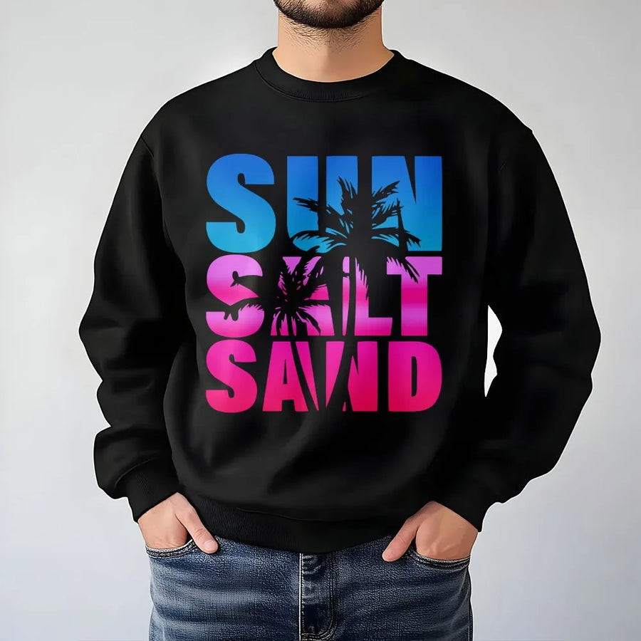 Sun Salt Sand Sweatshirt | Pink & Blue Ombre Palm Tree Graphic | Cozy Cotton Blend Pullover | Trendy Beach Lover Gift for Summer Vacation