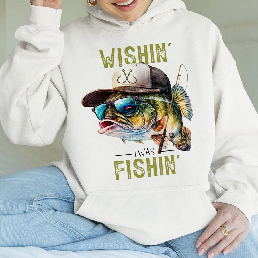Wishin' I Was Fishin' Hoodie | Cool Bass Fisherman Graphic | Premium Cotton Blend Unisex Pullover | Funny Fishing Gift for Anglers