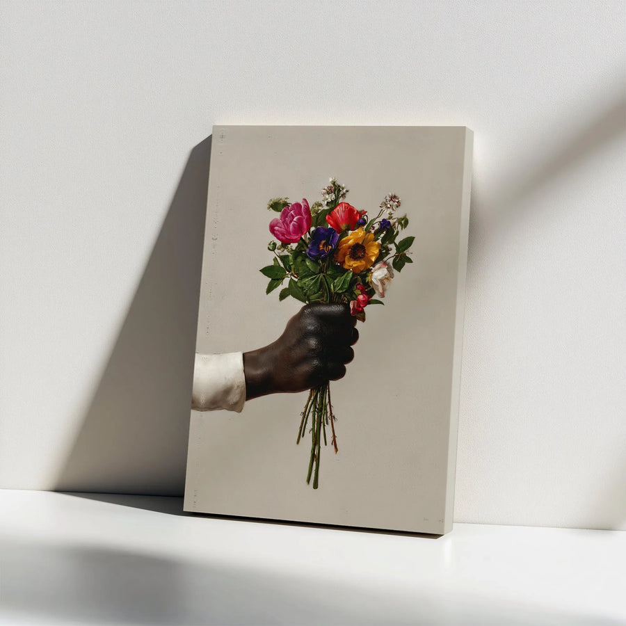 Black Art Floral Canvas Print | Hand Holding Vibrant Flower Bouquet | Premium Gallery Wrapped Canvas | Contemporary Wall Art Gift