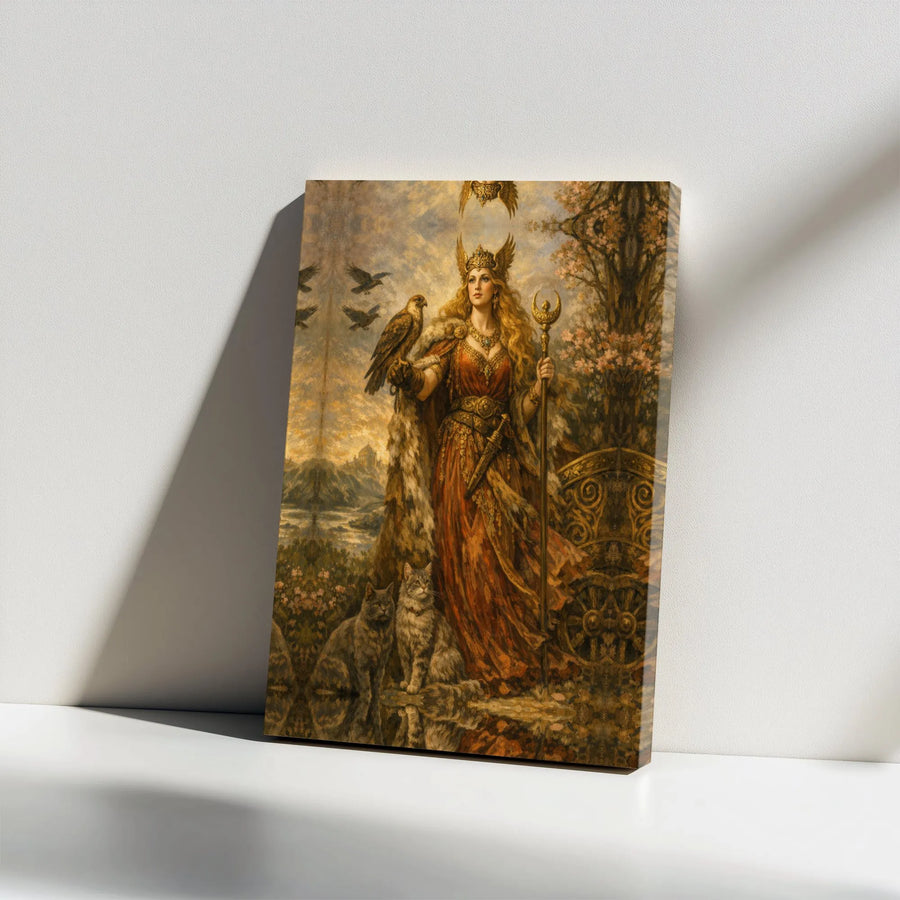 Freya Goddess Canvas Wall Art | Vintage Norse Mythology Print with Cats & Falcon | Premium Gallery Wrapped Canvas | Pagan Home Decor Gift