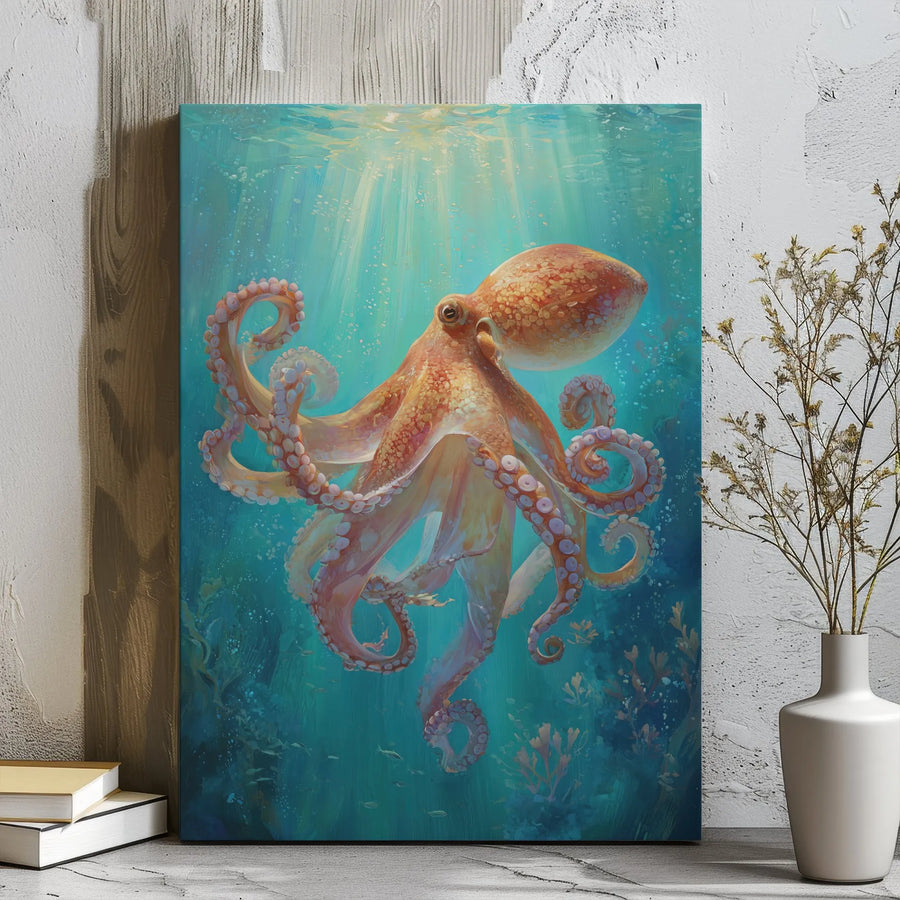 Octopus Canvas Wall Art | Ocean Underwater Marine Life Print | Premium Gallery Wrap Wooden Frame | Coastal Beach Home Decor Gift