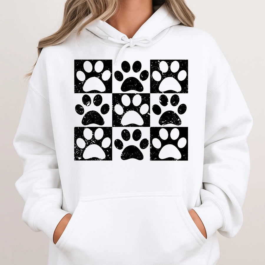 Paw Print Hoodie | Distressed Checkered Dog Cat Design | Premium Cotton-Blend Pullover | Perfect Gift For Pet Lovers
