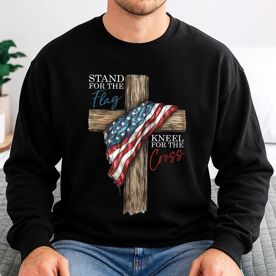 Stand For The Flag Kneel For The Cross Sweatshirt | Patriotic American Flag & Religious Wood Cross Design | Premium Cotton Blend | Faith & Country Gift for Him or Her