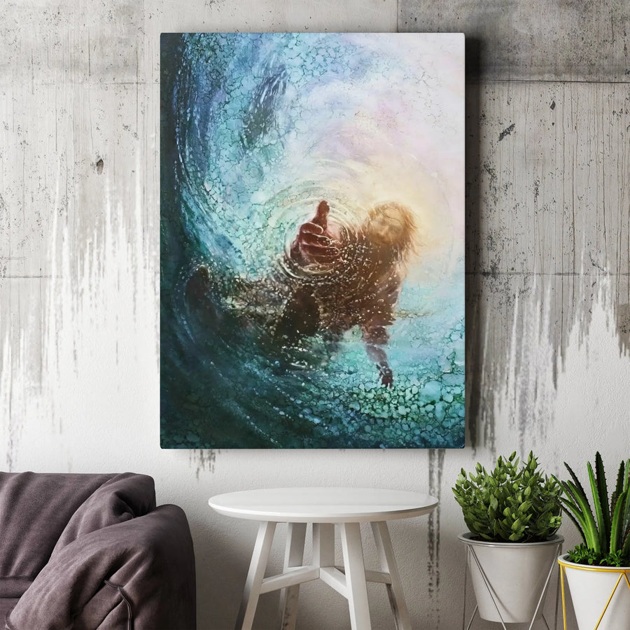 Jesus Reaching Hand Vertical Canvas | Biblical Hand of God Artwork | Premium Gallery Wrapped Canvas | Inspirational Christian Home Decor Gift