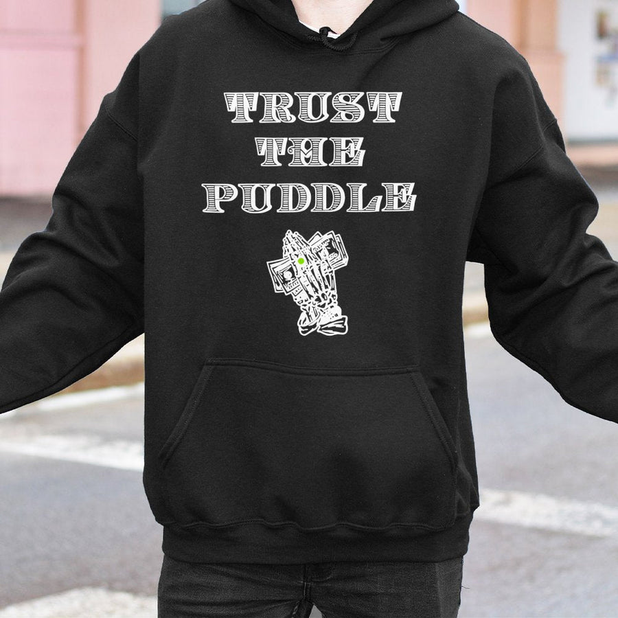 Trust The Puddle Mechanic Hoodie | Skeleton Praying Hands Graphic | Premium Cotton-Poly Blend | Gift for Car Enthusiasts & Garage Lovers