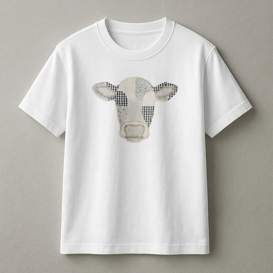 Patchwork Cow Shirt | Boho Farmhouse Faux Quilted Graphic | Soft Cotton Unisex Tee | Cute Country Gift for Her